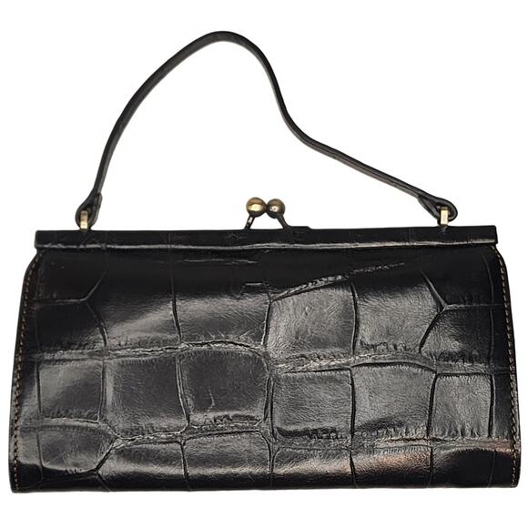 Vintage Nicole Miller Black Leather Mini Bag Crocodile Embossed Kiss Lock Retro - Picture 5 of 6